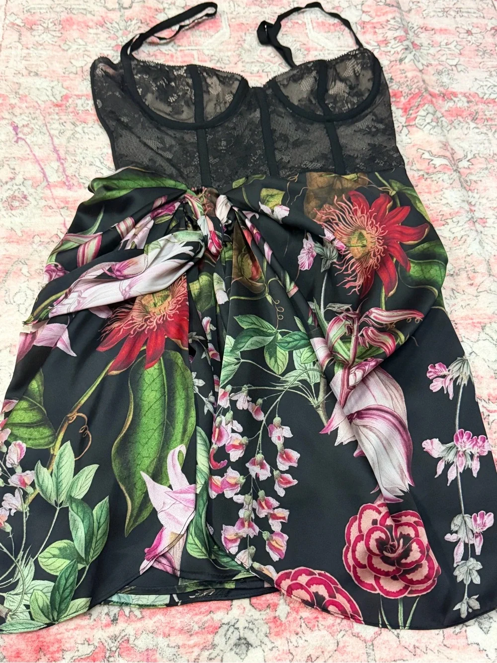Katie May Black Lace Bustier Mini Dress with Pink Floral Skirt